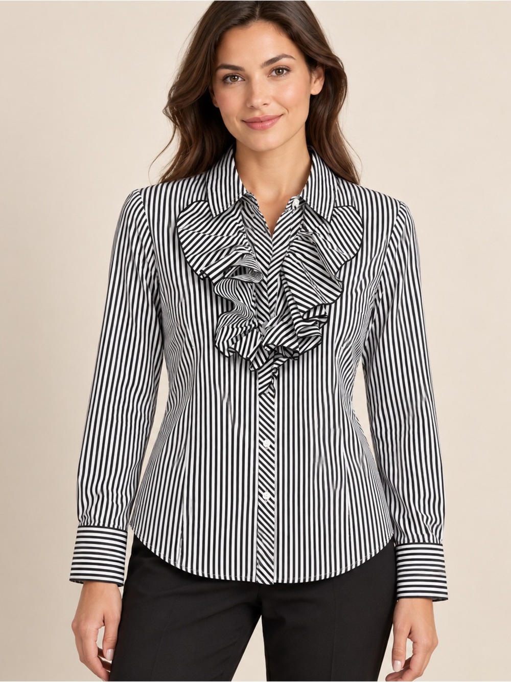 Ellen Tracy Size 14 L/XL Black White Striped Ruffle Button Down Blouse